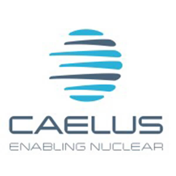 Logo for Caelus featuring blue stylized lines forming a circular shape above the words "cENABLING NUCLEAR" in modern sans-serif font.